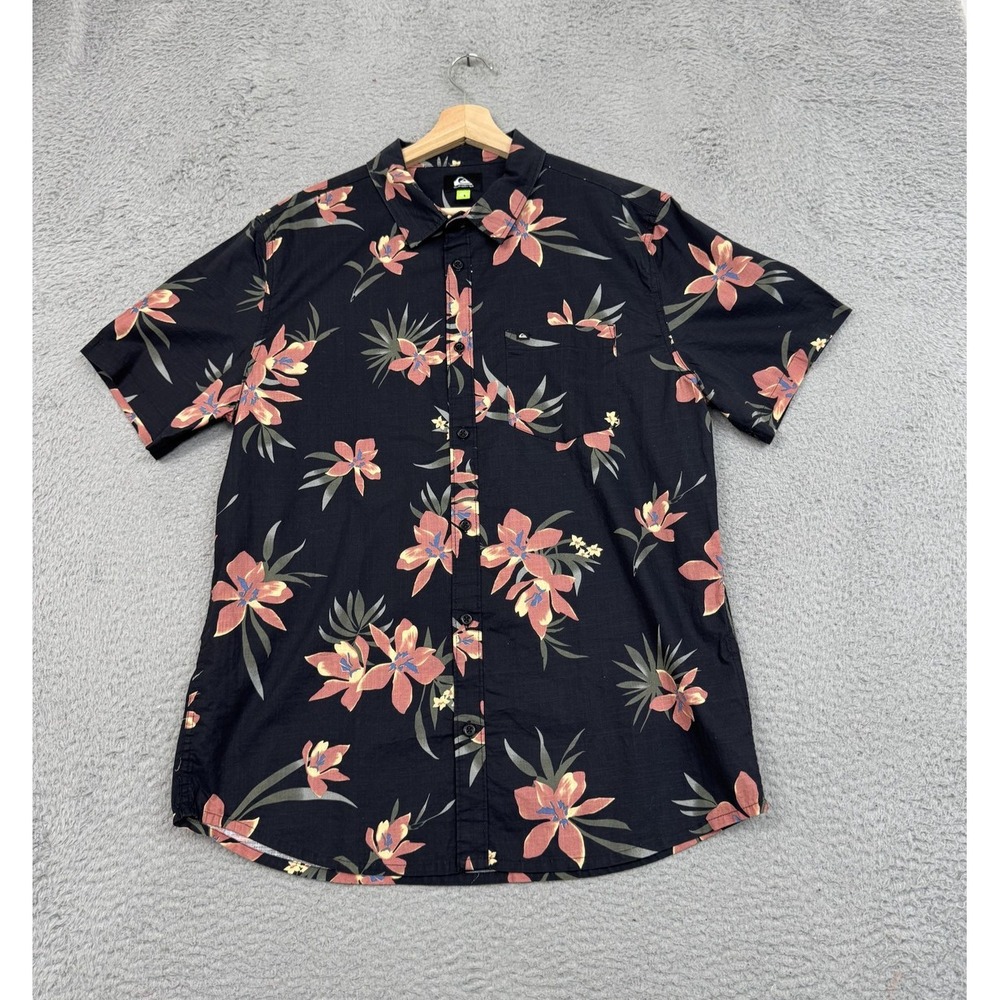 Quiksilver Shirt Mens Medium Black Floral Short Sleeve Button Up Hawaiian Aloha